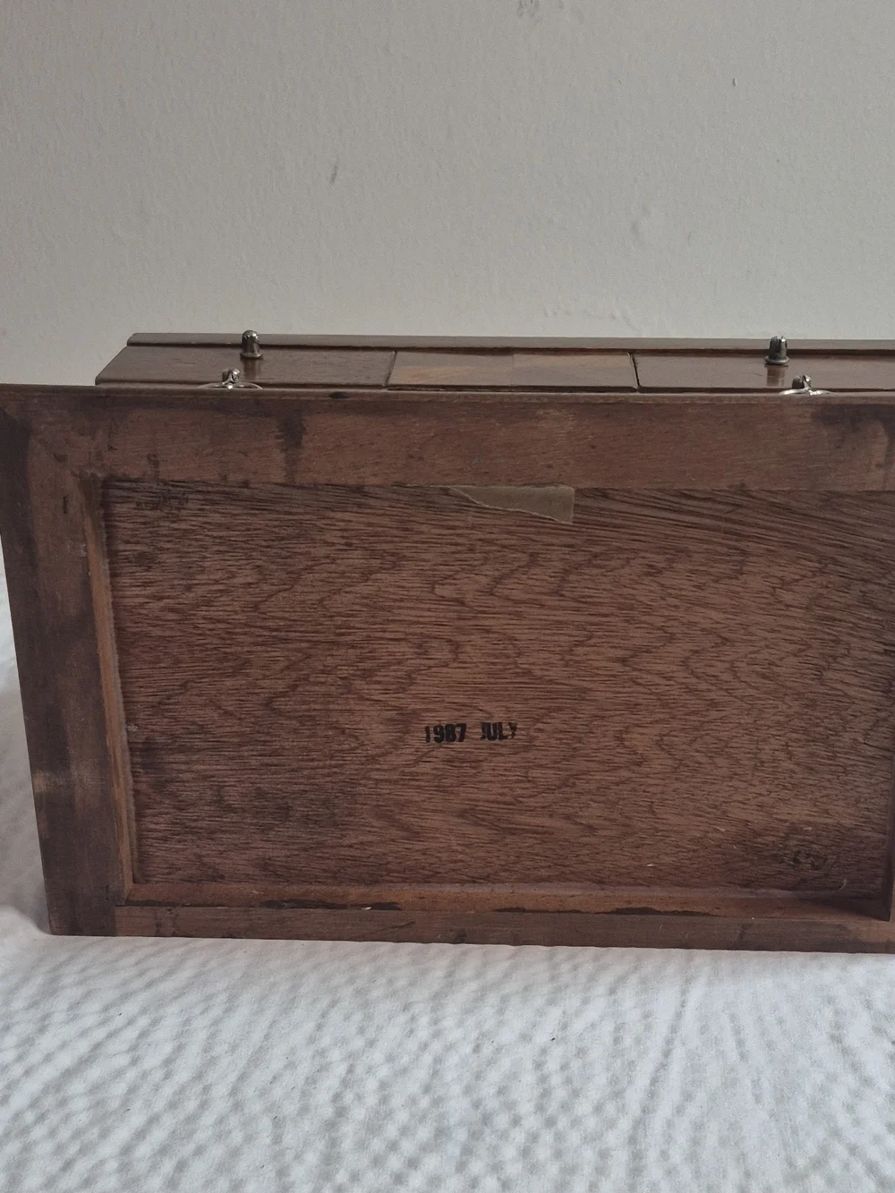 Vintage Wood Jewelry Box w/ Mirror, Floral Glass Lid, Drawers, Brown 11in 25+ pc